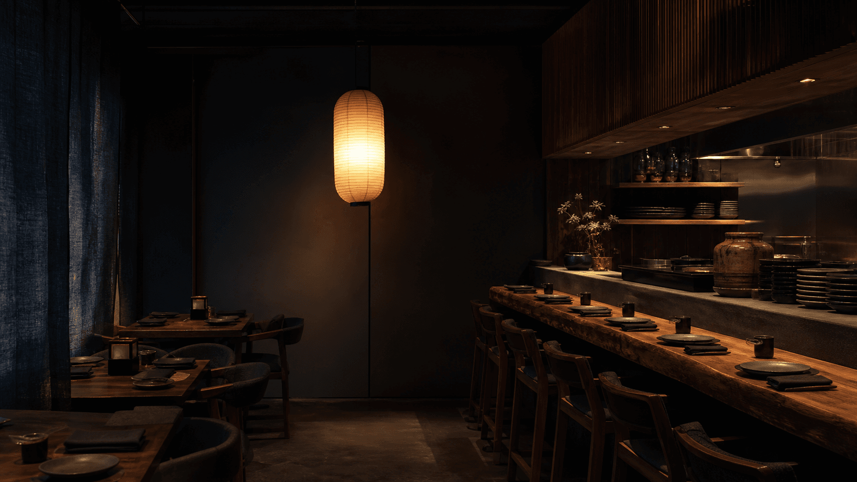 Bancone scuro e lineare del Korean Grill Ferro