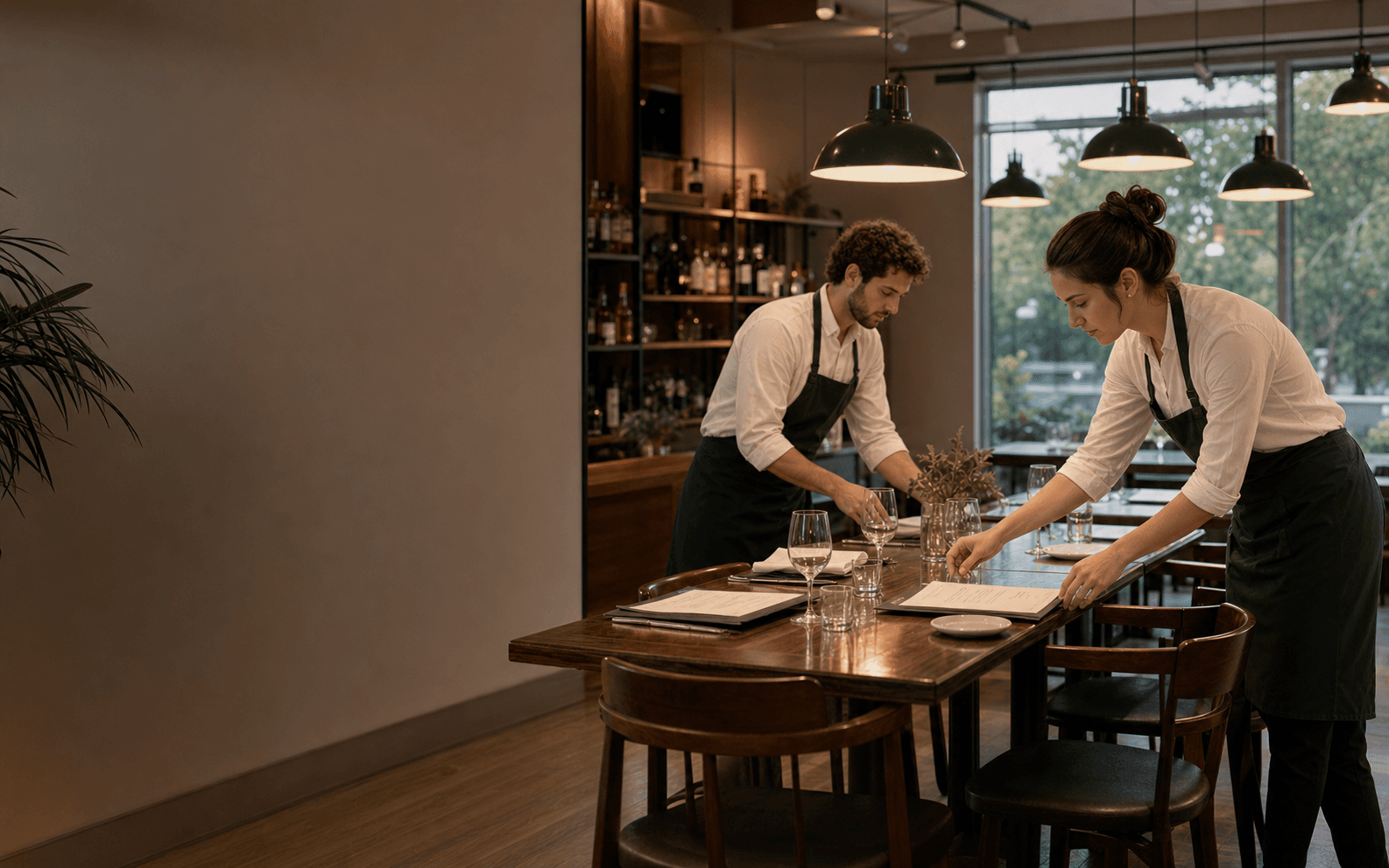 Team di ristorante che prepara la sala prima del servizio
